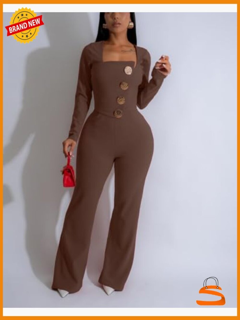 High Waisted Wide Leg Jumpsuit Button Front Mock Neck Puff Sleeve - Picture 3 of 4